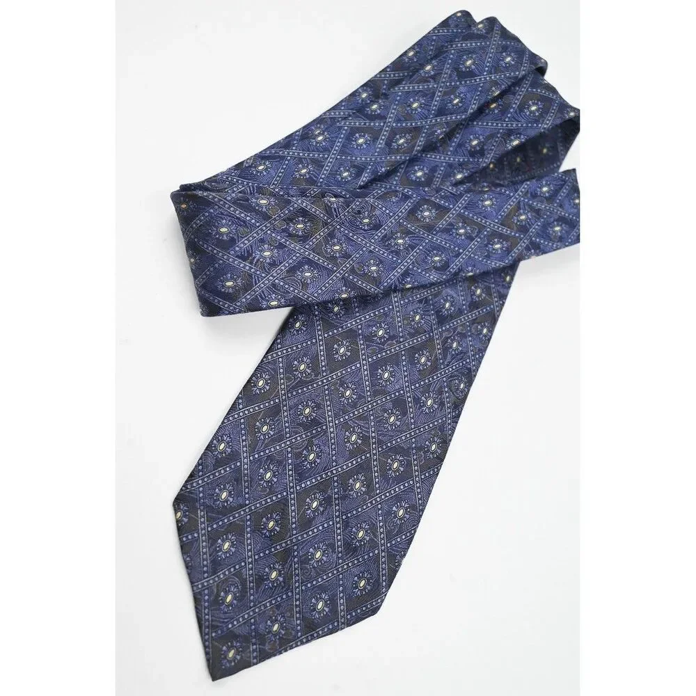 Robert Talbott Seven Fold Silk Tie Blue Geometric Diamond Floral Hand Sewn Italy